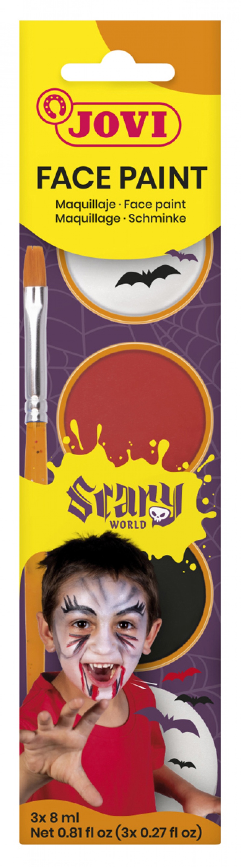 Farby do malowania twarzy JOVI Scary, 3x8ml, z pędzelkiem i gąbką, mix kolor&oacute;w, Produkty kreatywne, Artykuły szkolne
