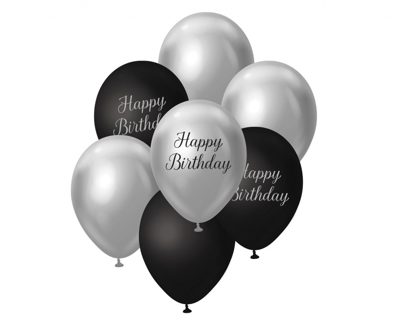 BUKIET BALONOWY B&C SREBRNO-CZARNY HAPPY BIR.7szt., Balony, Art. na okazje i przyjęcia