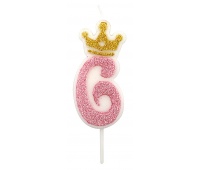 Świeczka PARTY GO, cyfra 6, 6,8cm, r&oacute;żowa, Okolicznościowe, Gadżety