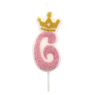 Świeczka PARTY GO, cyfra 6, 6,8cm, r&oacute;żowa, Okolicznościowe, Gadżety
