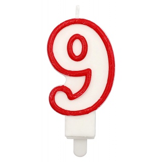 Świeczka PARTY GO, cyfra 9, 9cm, biało-czerwona, Okolicznościowe, Gadżety