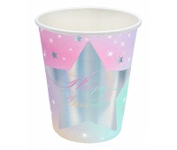 Kubek papierowy PARTY GO Happy Birthday, 7,5/9cm, 6 szt., mix kolor&oacute;w, Okolicznościowe, Gadżety