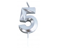 Świeczka PARTY GO, cyfra 5, 4,8cm, srebrna, Okolicznościowe, Gadżety