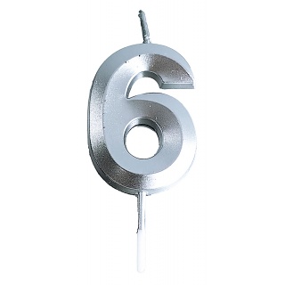 Świeczka PARTY GO, cyfra 6, 4,8cm, srebrna, Okolicznościowe, Gadżety