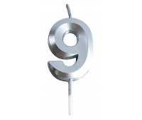 Świeczka PARTY GO, cyfra 9, 4,8cm, srebrna, Okolicznościowe, Gadżety