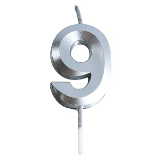 Świeczka PARTY GO, cyfra 9, 4,8cm, srebrna, Okolicznościowe, Gadżety
