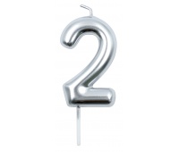 Świeczka PARTY GO, cyfra 2, 6cm, srebrna, Okolicznościowe, Gadżety