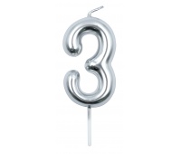 Świeczka PARTY GO, cyfra 3, 6cm, srebrna, Okolicznościowe, Gadżety