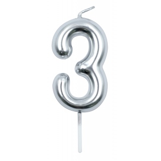 Świeczka PARTY GO, cyfra 3, 6cm, srebrna, Okolicznościowe, Gadżety