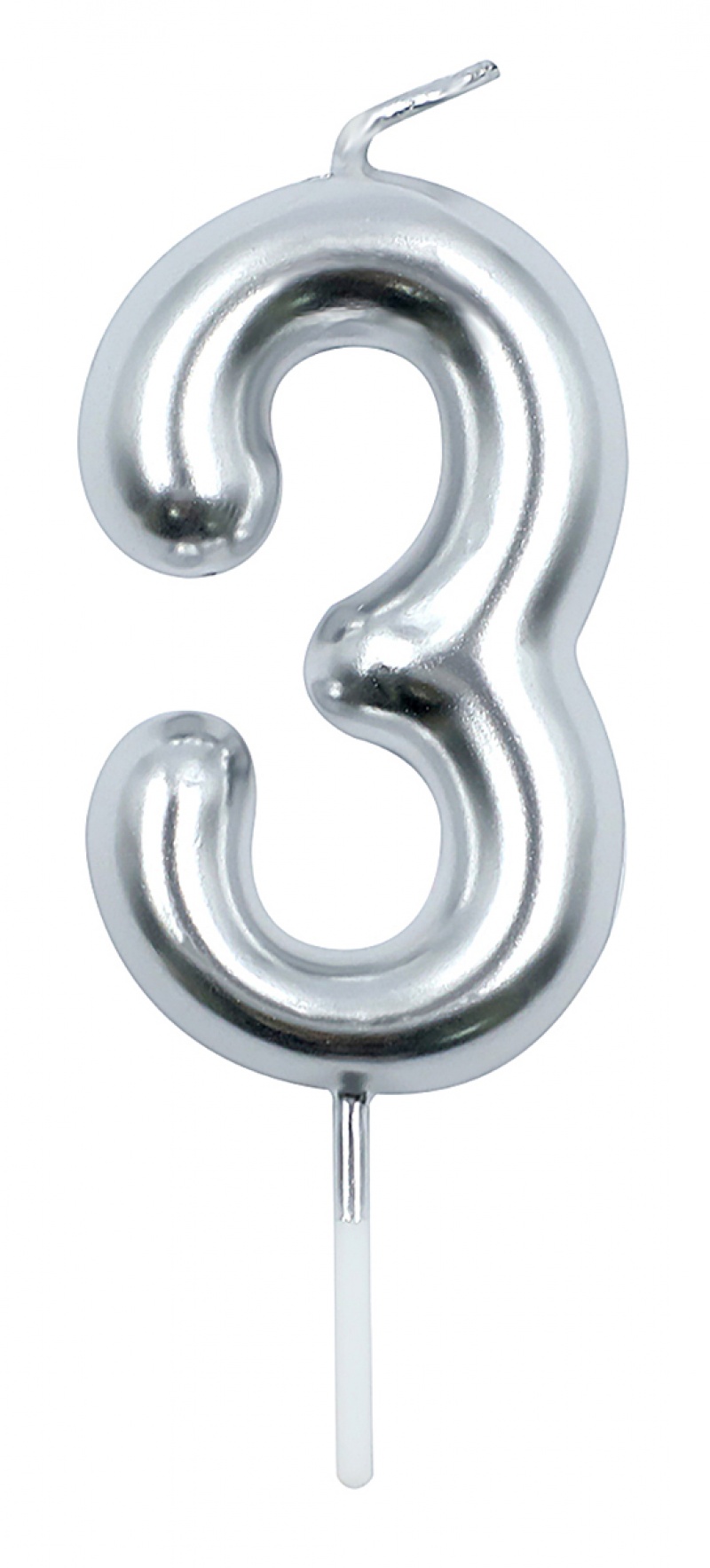 Świeczka PARTY GO, cyfra 3, 6cm, srebrna, Okolicznościowe, Gadżety