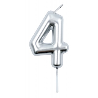 Świeczka PARTY GO, cyfra 4, 6cm, srebrna, Okolicznościowe, Gadżety