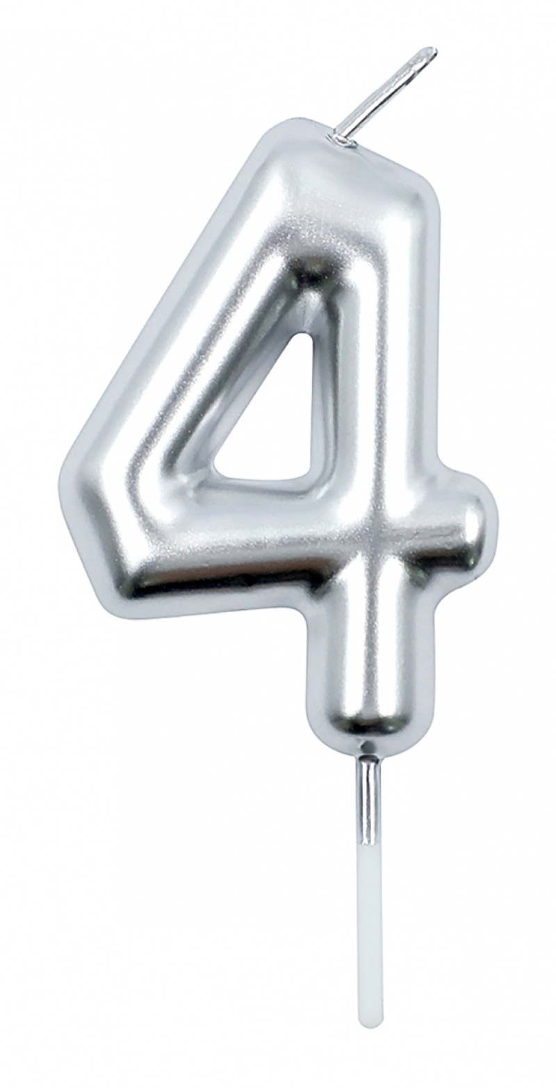 Świeczka PARTY GO, cyfra 4, 6cm, srebrna, Okolicznościowe, Gadżety