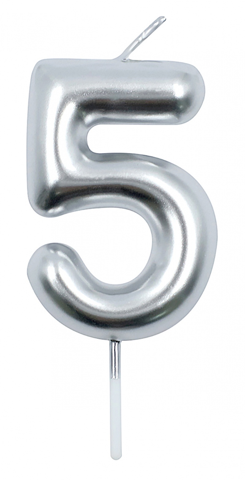 Świeczka PARTY GO, cyfra 5, 6cm, srebrna, Okolicznościowe, Gadżety