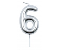 Świeczka PARTY GO, cyfra 6, 6cm, srebrna, Okolicznościowe, Gadżety