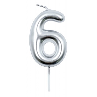 Świeczka PARTY GO, cyfra 6, 6cm, srebrna, Okolicznościowe, Gadżety