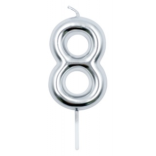 Świeczka PARTY GO, cyfra 8, 6cm, srebrna, Okolicznościowe, Gadżety