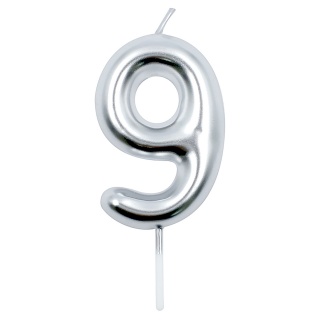 Świeczka PARTY GO, cyfra 9, 6cm, srebrna, Okolicznościowe, Gadżety