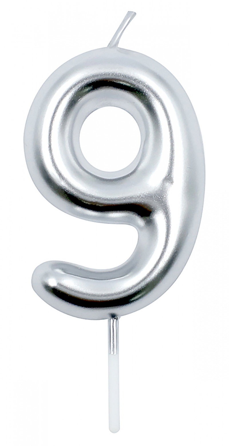 Świeczka PARTY GO, cyfra 9, 6cm, srebrna, Okolicznościowe, Gadżety