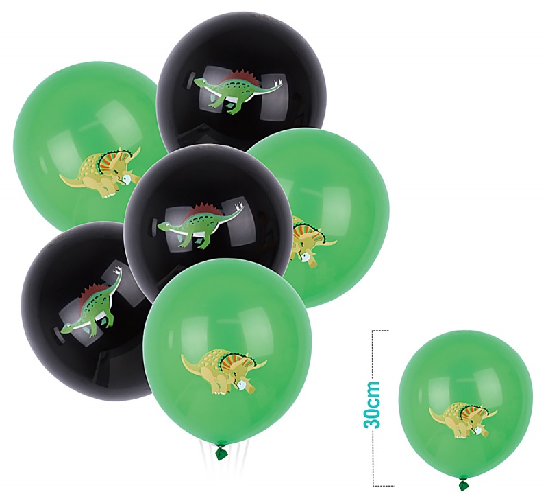 Zestaw balon&oacute;w PARTY GO Dinozaury, 30cm, 6 szt., zielono-czarny, Okolicznościowe, Gadżety
