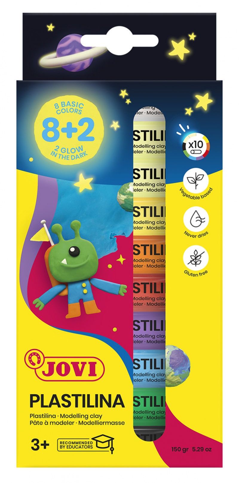 Zestaw plasteliny JOVI, 10x15g, 8 kolor&oacute;w basic + 2 świecące w ciemności, mix kolor&oacute;w, Produkty kreatywne, Artykuły szkolne