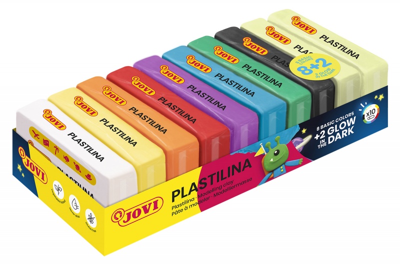Zestaw plasteliny JOVI, 10x50g, 8 kolor&oacute;w basic + 2 świecące w ciemności, mix kolor&oacute;w, Produkty kreatywne, Artykuły szkolne