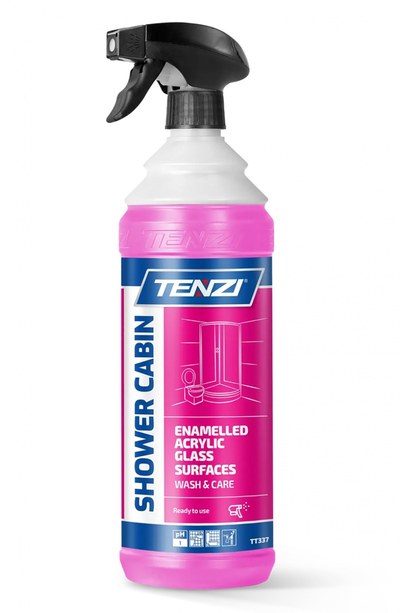 Środek do czyszczenia kabin prysznicowych TENZI, anglojęzyczna etykieta, 1l, Środki czyszczące, Artykuły higieniczne i dozowniki