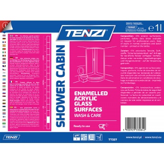 Środek do czyszczenia kabin prysznicowych TENZI, anglojęzyczna etykieta, 1l, Środki czyszczące, Artykuły higieniczne i dozowniki