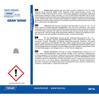 Koncentrat do nabłyszczania naczyń w zmywarkach TENZI, Gran Shine, 10l, Środki czyszczące, Artykuły higieniczne i dozowniki