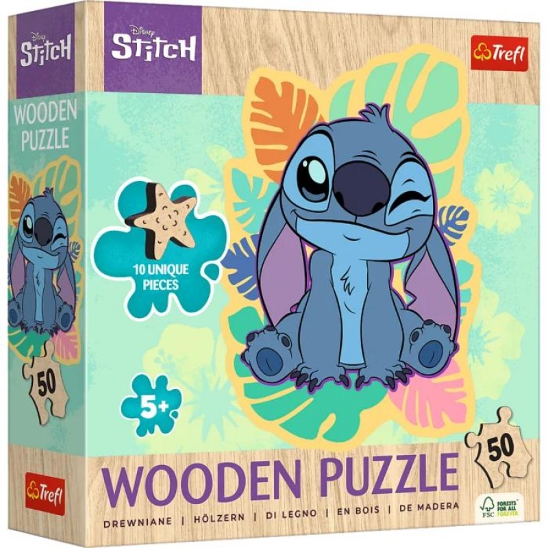 Puzzle 50 Drewniane Konturowe Wesoły Stitch !!, 60 element&oacute;w, Puzzle