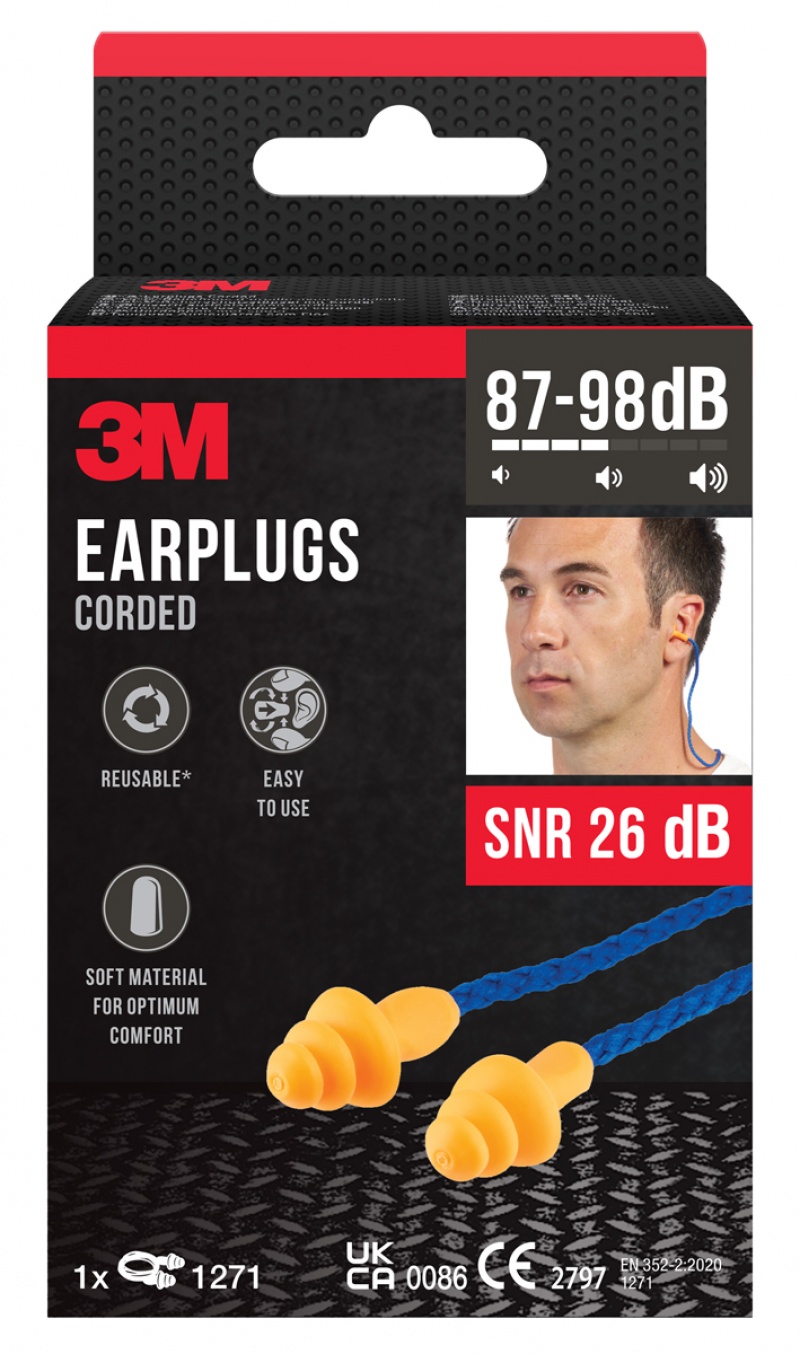 Corded earplugs 3M (1271C1), 1 pair + case, orange-blue