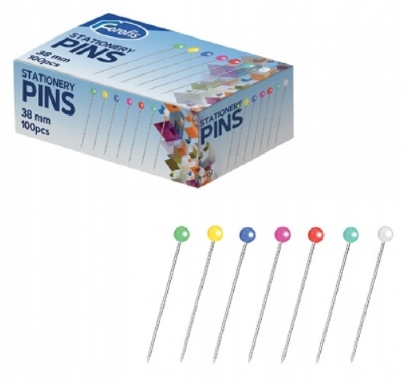 SZPILKI 38mm.KOLOROWA GŁ&Oacute;WKA 100szt., Szpilki, agrafki, Galanteria biurowa