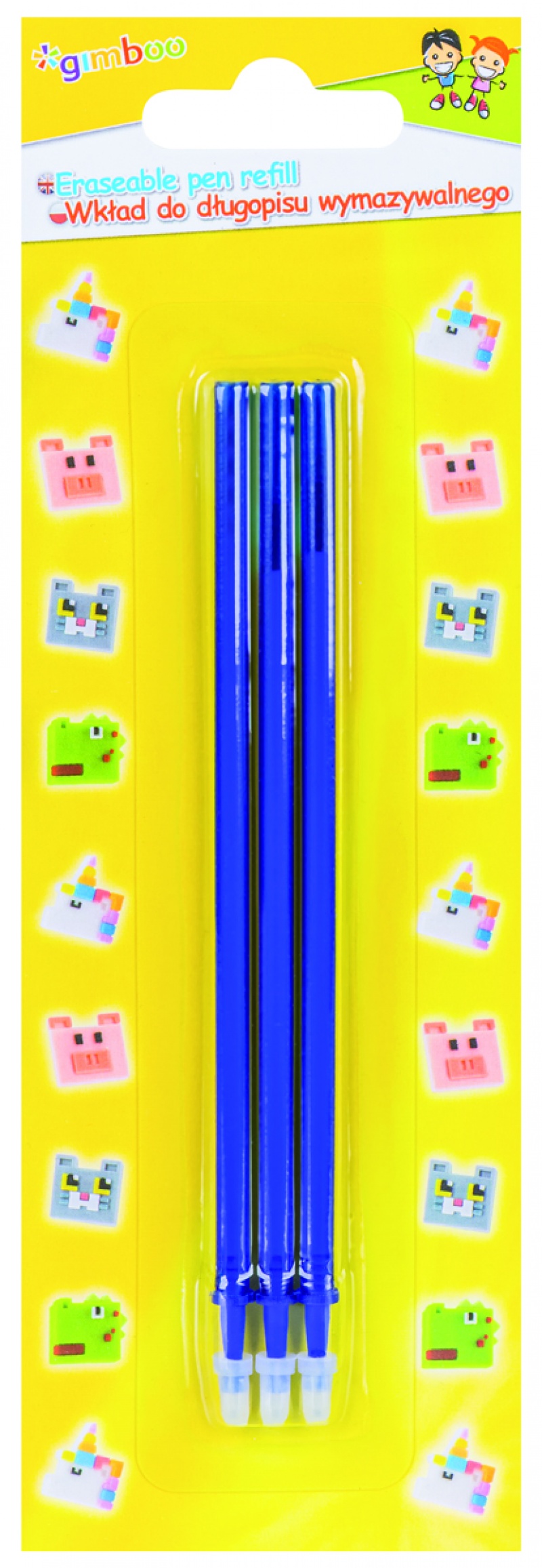 Wkład do długopisu wymazywalnego GIMBOO, pikselowe zwierzaki, 3 szt., blister, niebieski, Długopisy, Artykuły do pisania i korygowania