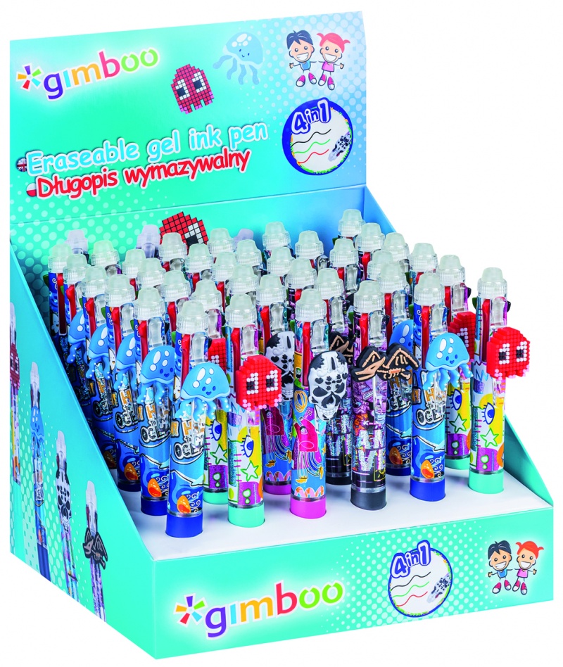 Długopis wymazywalny GIMBOO 4w1, żelowy, pakowany w displayu, mix kolor&oacute;w/wzor&oacute;w, Długopisy, Artykuły do pisania i korygowania