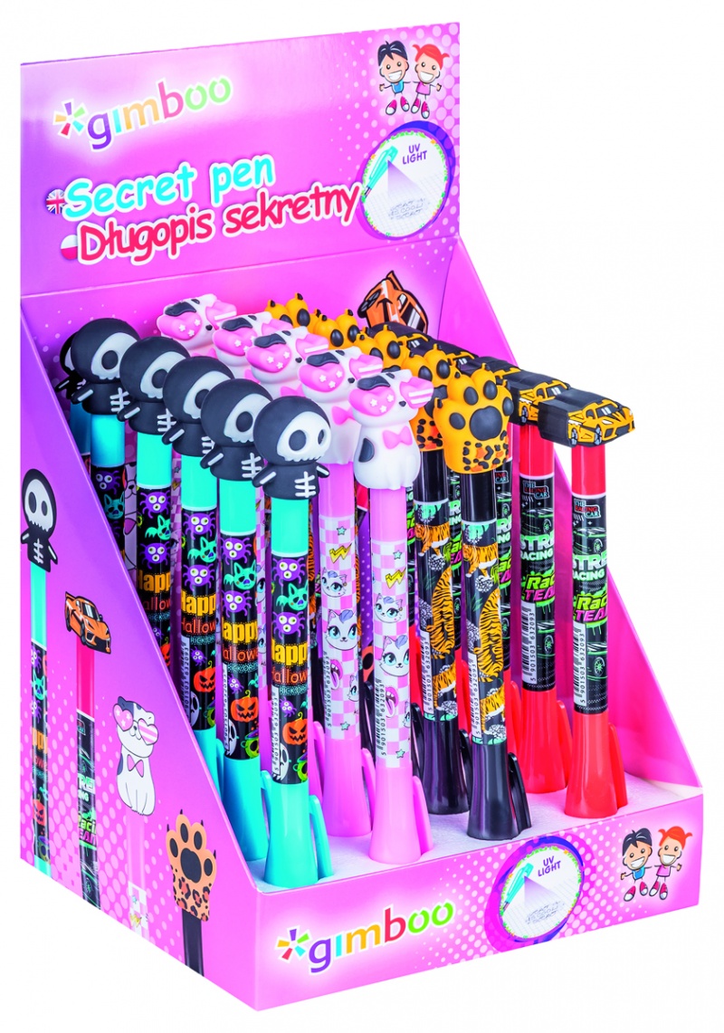 Długopis sekretny GIMBOO, niewidoczny, z podświetleniem, pakowany w displayu, mix kolor&oacute;w/wzor&oacute;w, Długopisy, Artykuły do pisania i korygowania
