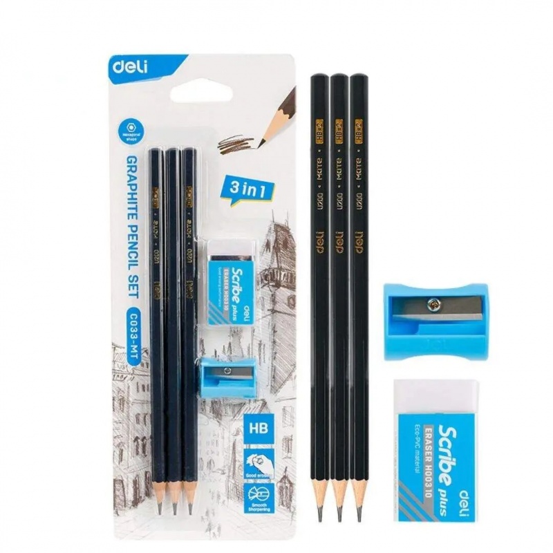 DELI OŁ&Oacute;WEK CZARNY HB X3 + TEMPER&Oacute;WKA + GUMKA B..., Oł&oacute;wki, Art. do pisania i korygowania