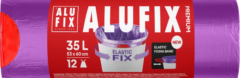 Worki na śmieci ALUFIX Elastic Fix, LDPE, 53x60cm, 35l, 12 szt., fioletowe, Worki, Artykuły higieniczne i dozowniki