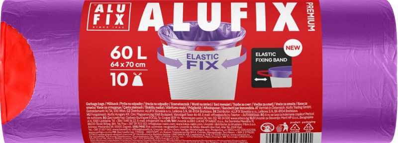 Worki na śmieci ALUFIX Elastic Fix, LDPE, 64x70cm, 60l, 10 szt., fioletowe, Worki, Artykuły higieniczne i dozowniki