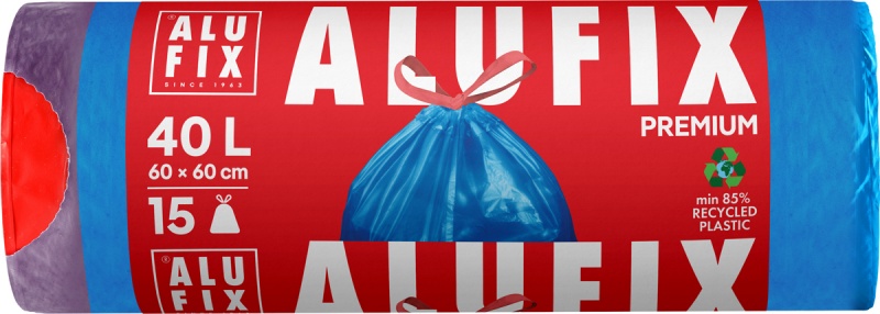 Worki na śmieci ALUFIX, ze ściągaczem, LDPE, 60x60cm, 40l, 15 szt., niebieskie, Worki, Artykuły higieniczne i dozowniki