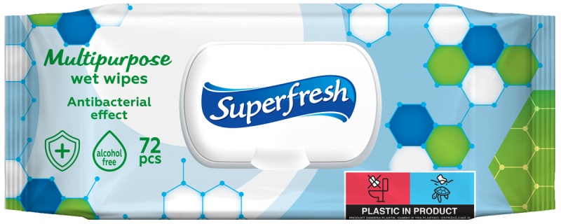 Chusteczki nawilżane antybakteryjne SUPERFRESH, z klapką, 72 szt., Środki czyszczące, Artykuły higieniczne i dozowniki