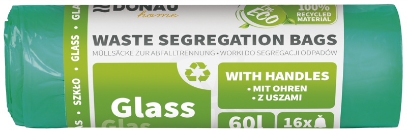 Worki do segregacji odpad&oacute;w DONAU HOME, z uszami, szkło, 60l, 16 szt., zielone, Worki, Artykuły higieniczne i dozowniki