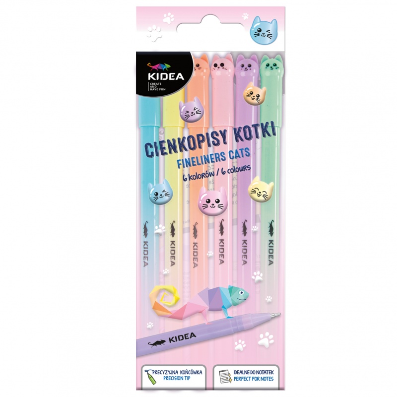 CIENKOPISY 6 KOLOR&Oacute;W KOTKI KIDEA, Cienkopisy, Art. do pisania i korygowania