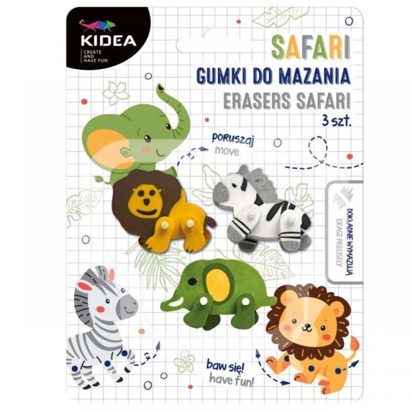GUMKI DO MAZANIA SAFARI 3szt.KIDEA, Gumki, Art. do pisania i korygowania