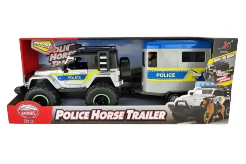 JEEP POLICJA ŚW./DŹW. Z PRZYCZ. DLA KONI, Pojazdy, Zabawki