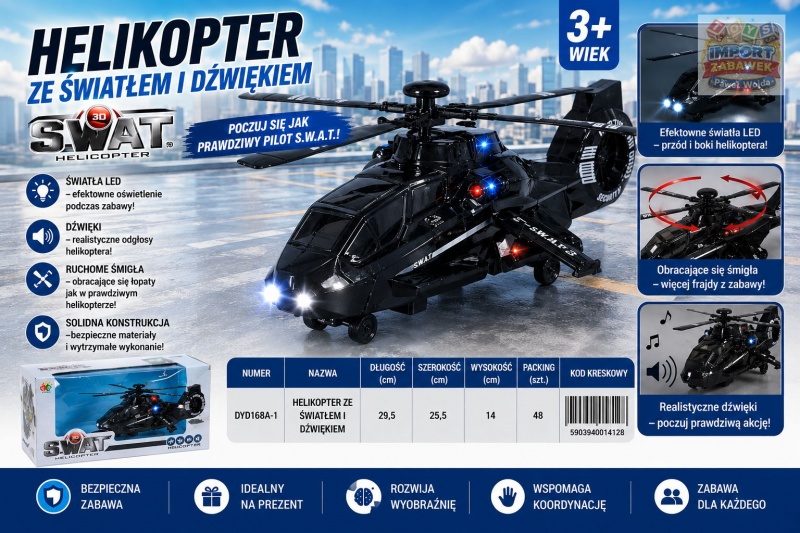 HELIKOPTER ZE ŚWIATŁEM I DŹWIĘKIEM DYD168A, Pojazdy, Zabawki