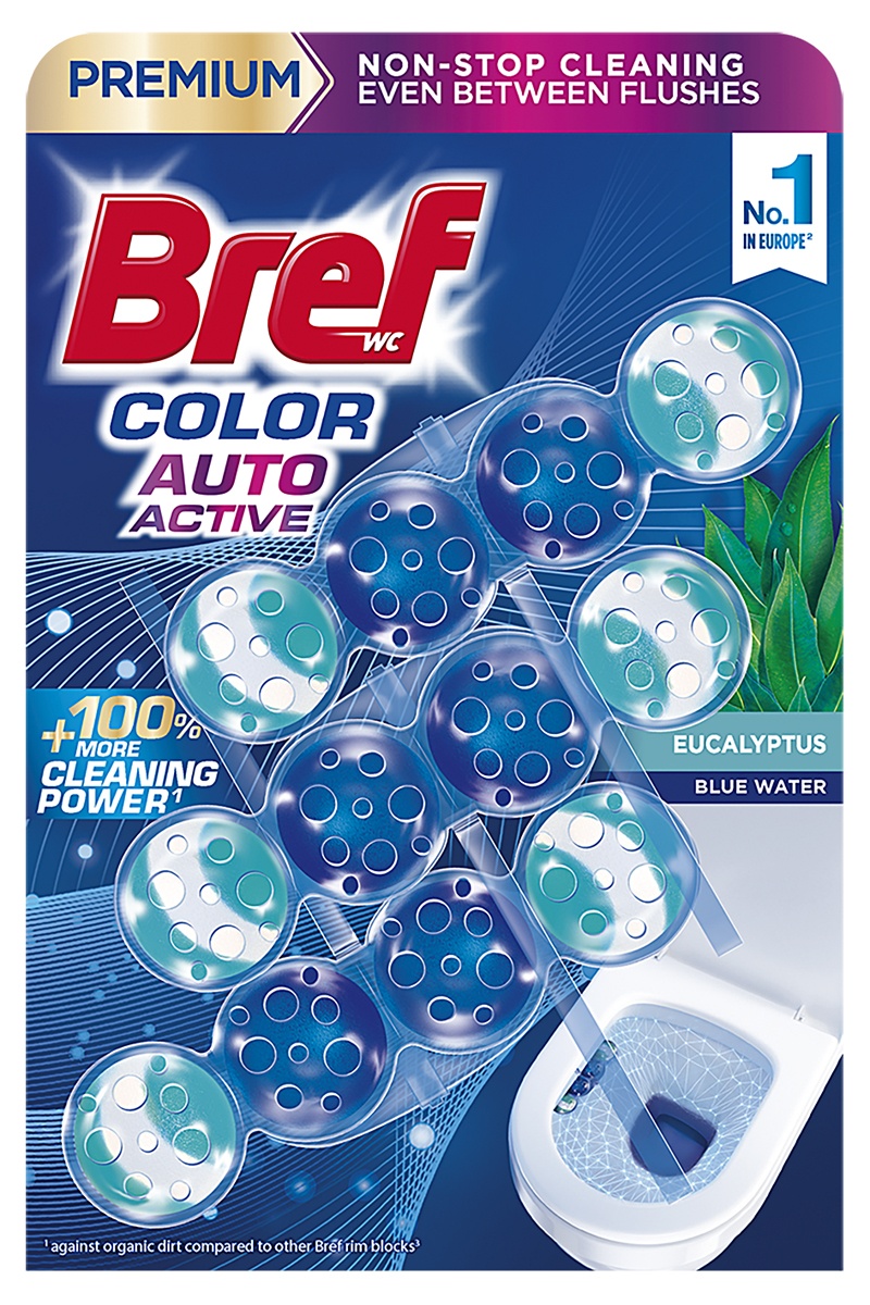 Toilet rim block balls BREF Color Auto Active Eucalyptus, colouring, 3x50g