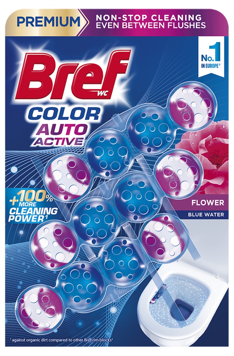Kulki myjąco-zapachowe do toalet BREF Color Auto Active Flower, barwiące, 3x50g, Środki czyszczące, Artykuły higieniczne i dozowniki