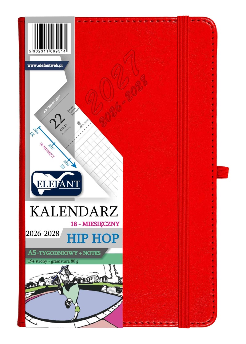 KALENDARZ HIP HOP A5 18 M-CY TYGODN.CZERWONY, Tygodniowe, Kalendarze