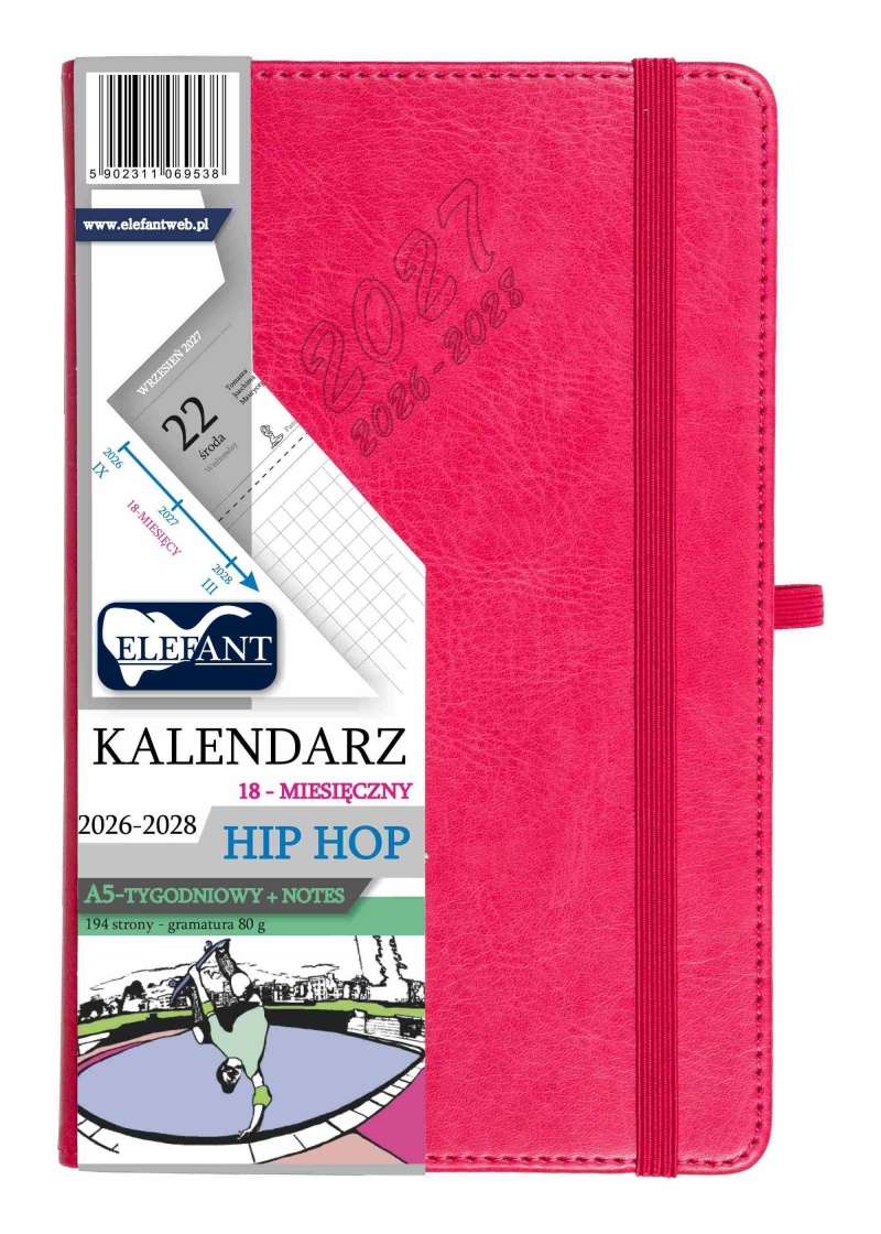 KALENDARZ HIP HOP A5 18 M-CY TYGODN.KARMAZYN, Tygodniowe, Kalendarze