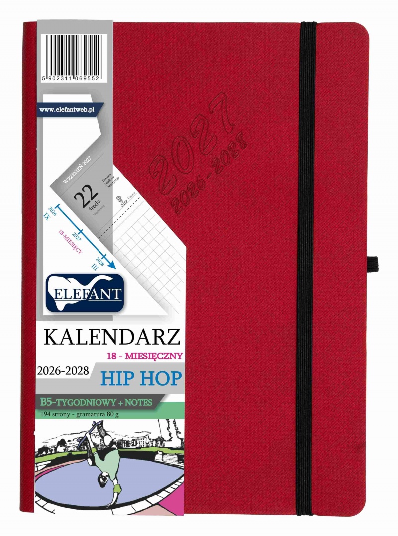 KALENDARZ HIP HOP B5 18 M-CY TYGODN.CZERWONY, Tygodniowe, Kalendarze