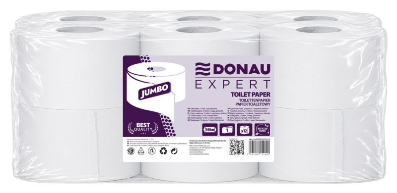 Papier toaletowy makulaturowy DONAU EXPERT Jumbo, 1-warstwowy, 750 listk&oacute;w, 12szt., biały, Papiery toaletowe i dozowniki, Artykuły higieniczne i dozowniki